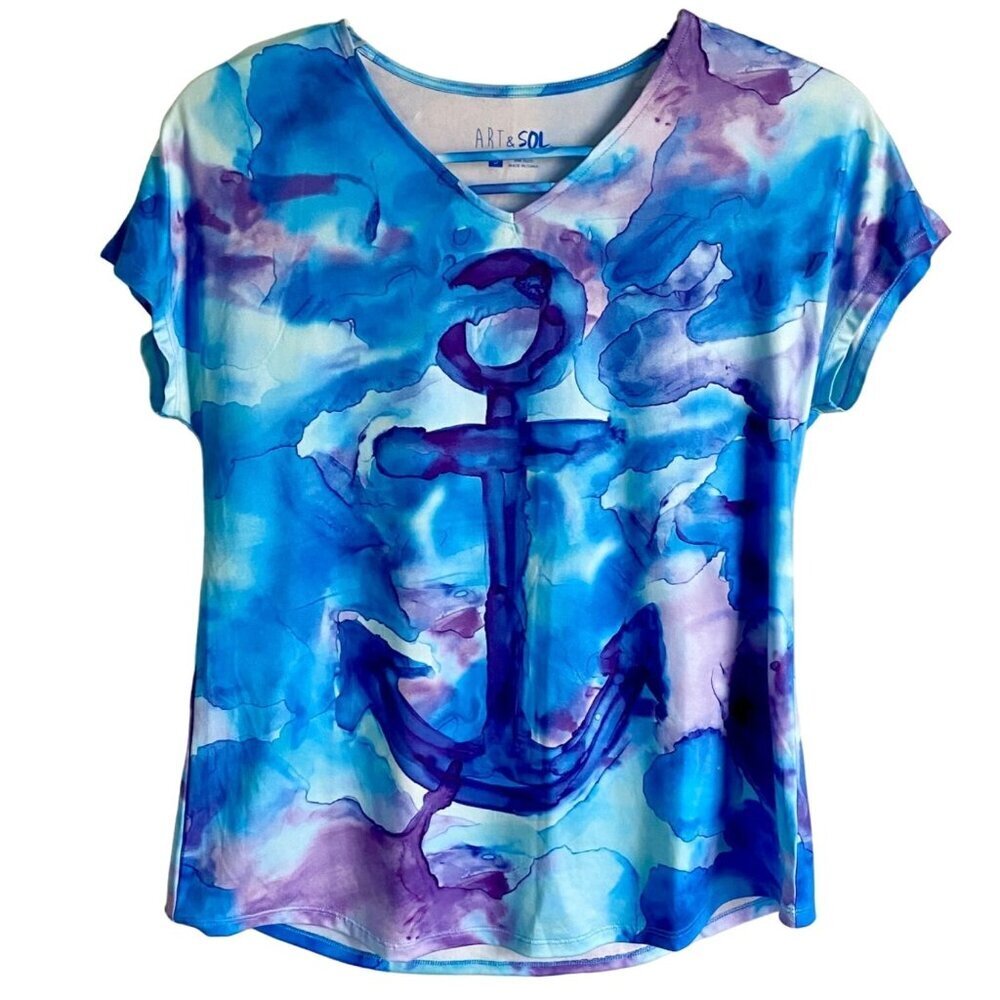 Art & Sol Colorful Anchor Print Short Sleeve Top Women's Small NEW